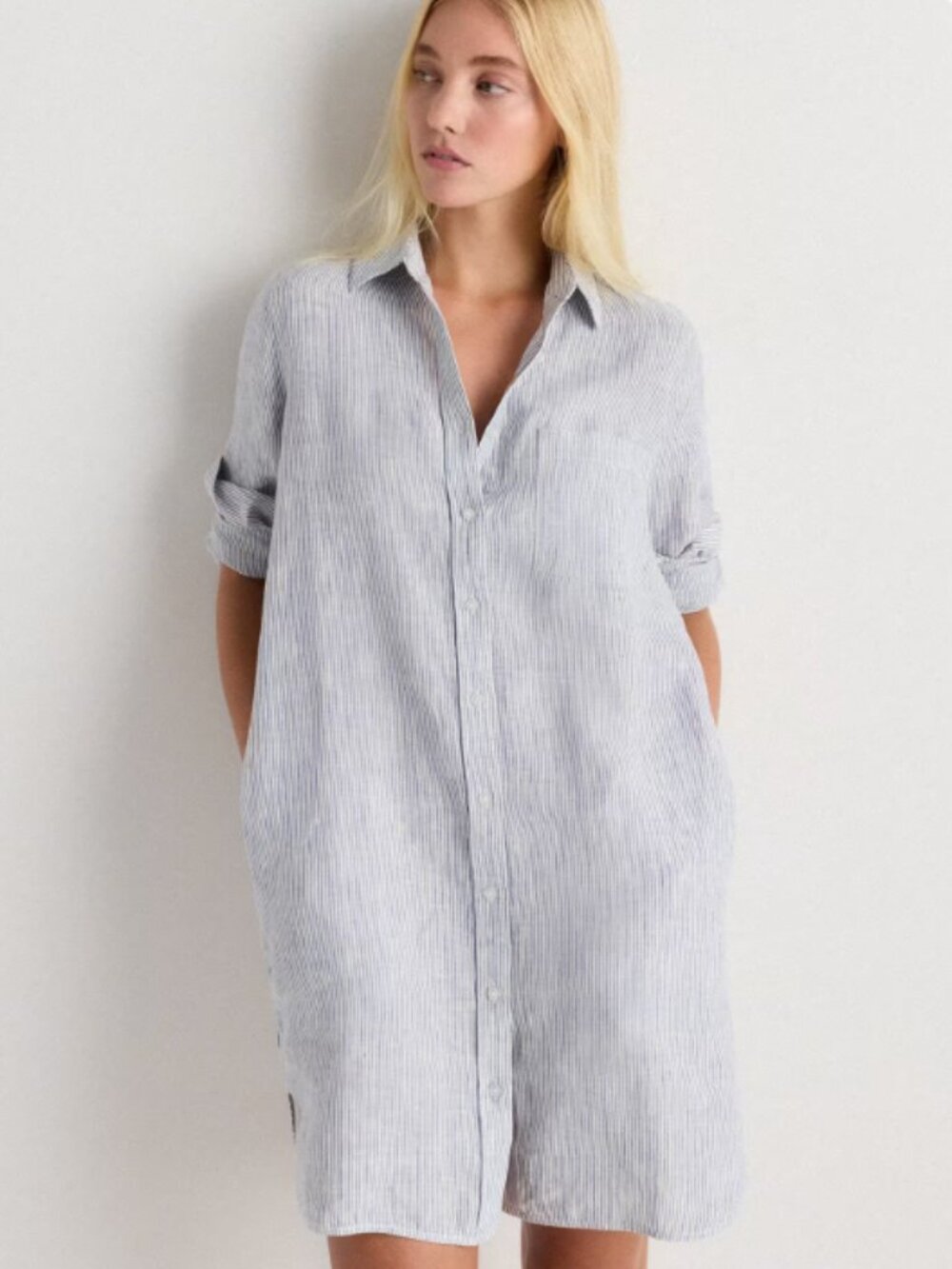 Quince 100% European Linen Shirt Dress Blue Pinstripe - L